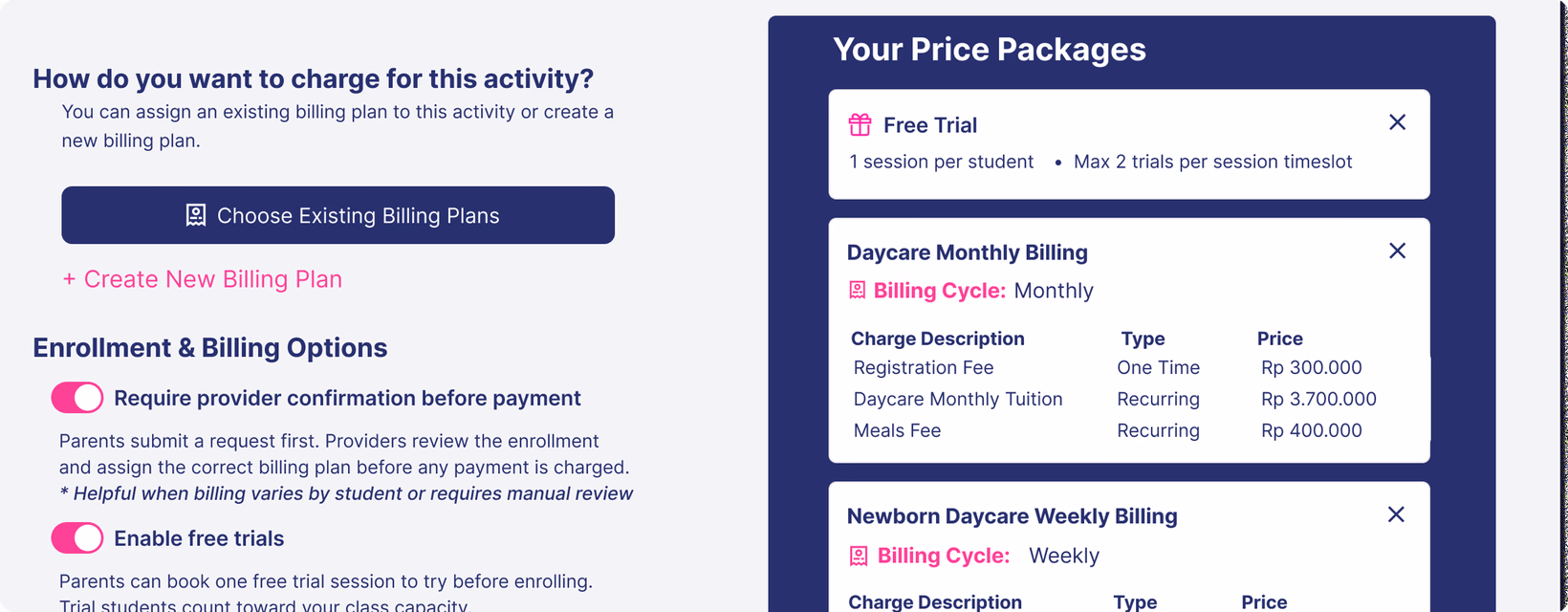 Billing plan setup