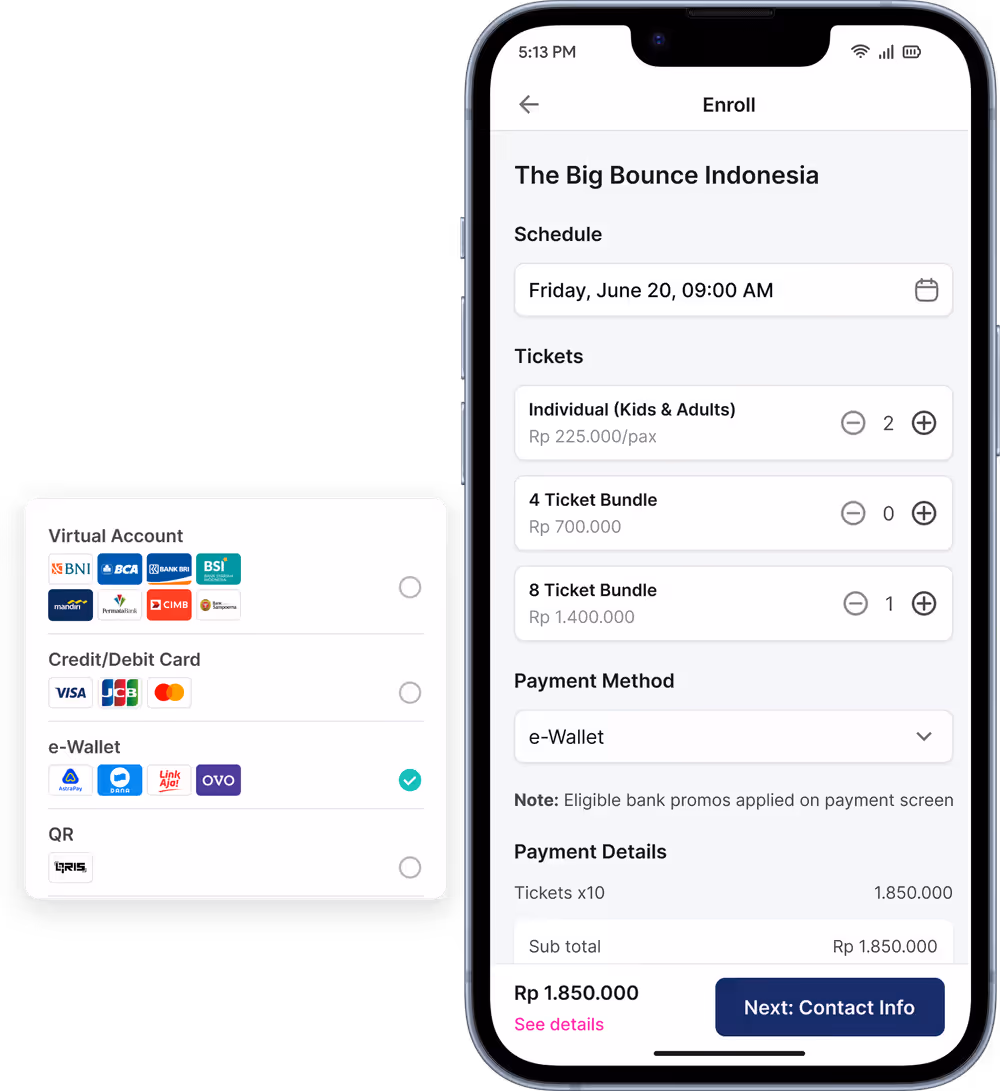 Ticket checkout on Happy Kamper, with session, ticket bundles, and Indonesian payment methods