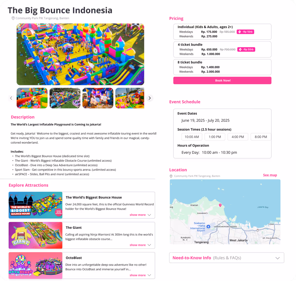 Happy Kamper public ticket page for The Big Bounce Indonesia, with pricing, session times, and event dates