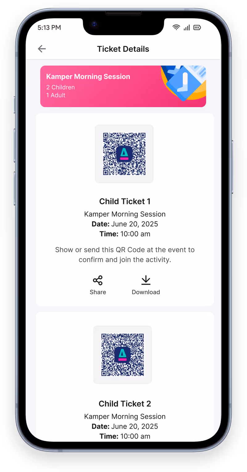 QR ticket in the Happy Kamper app, scanned at the gate to admit a ticket holder