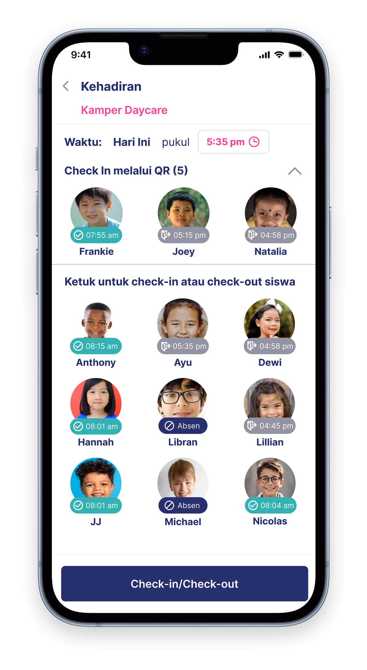 Daftar kehadiran real-time dengan check-in QR
