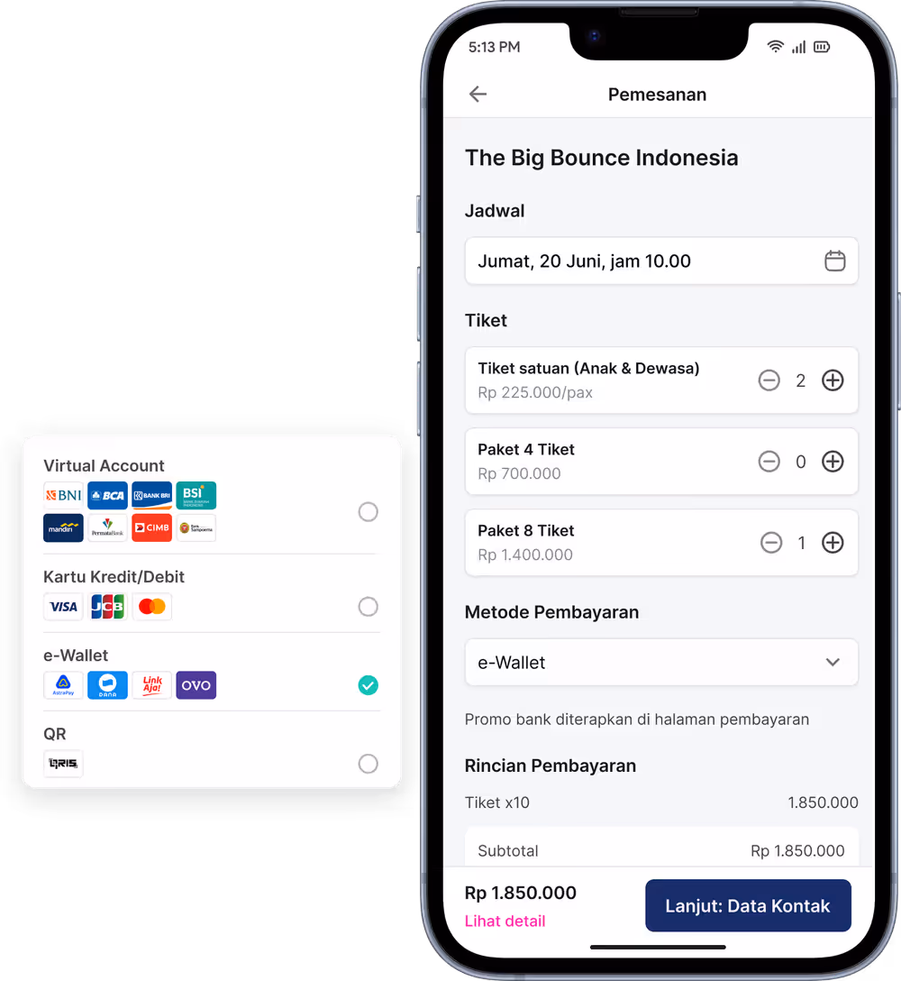 Proses pembayaran tiket di Happy Kamper, dengan pilihan sesi, paket tiket, dan metode pembayaran Indonesia