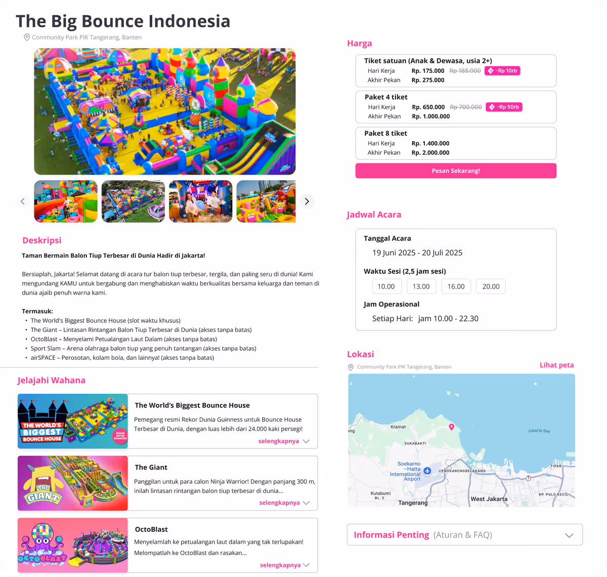 Halaman tiket publik Happy Kamper untuk The Big Bounce Indonesia, lengkap dengan harga, jam sesi, dan tanggal event