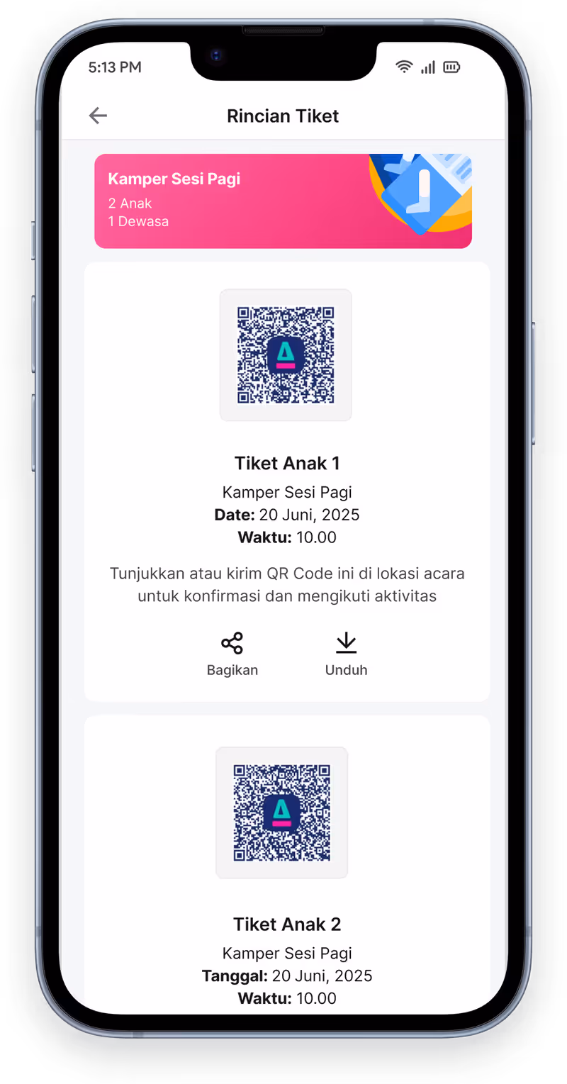 Tiket QR di aplikasi Happy Kamper, yang discan di pintu masuk untuk memasukkan pemegang tiket