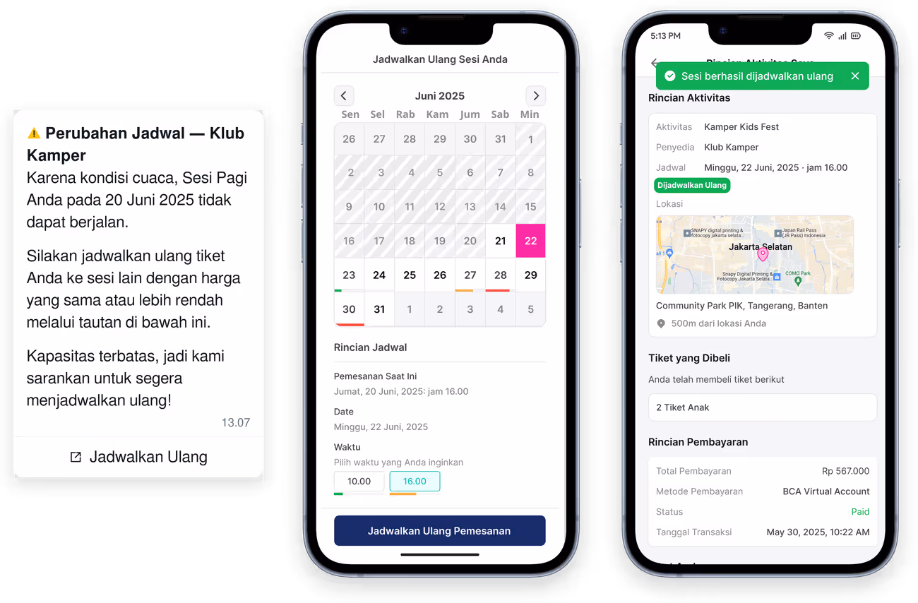 Penjadwalan ulang karena cuaca di Happy Kamper, mulai dari notifikasi, pemilihan sesi baru oleh pembeli, hingga konfirmasi